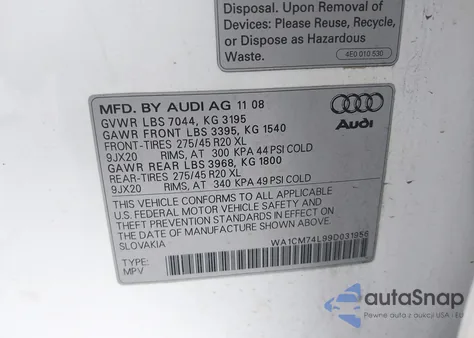 2009 Audi Q7 3.0 Tdi из США, поврежденный, VIN WA1CM74L99D031956